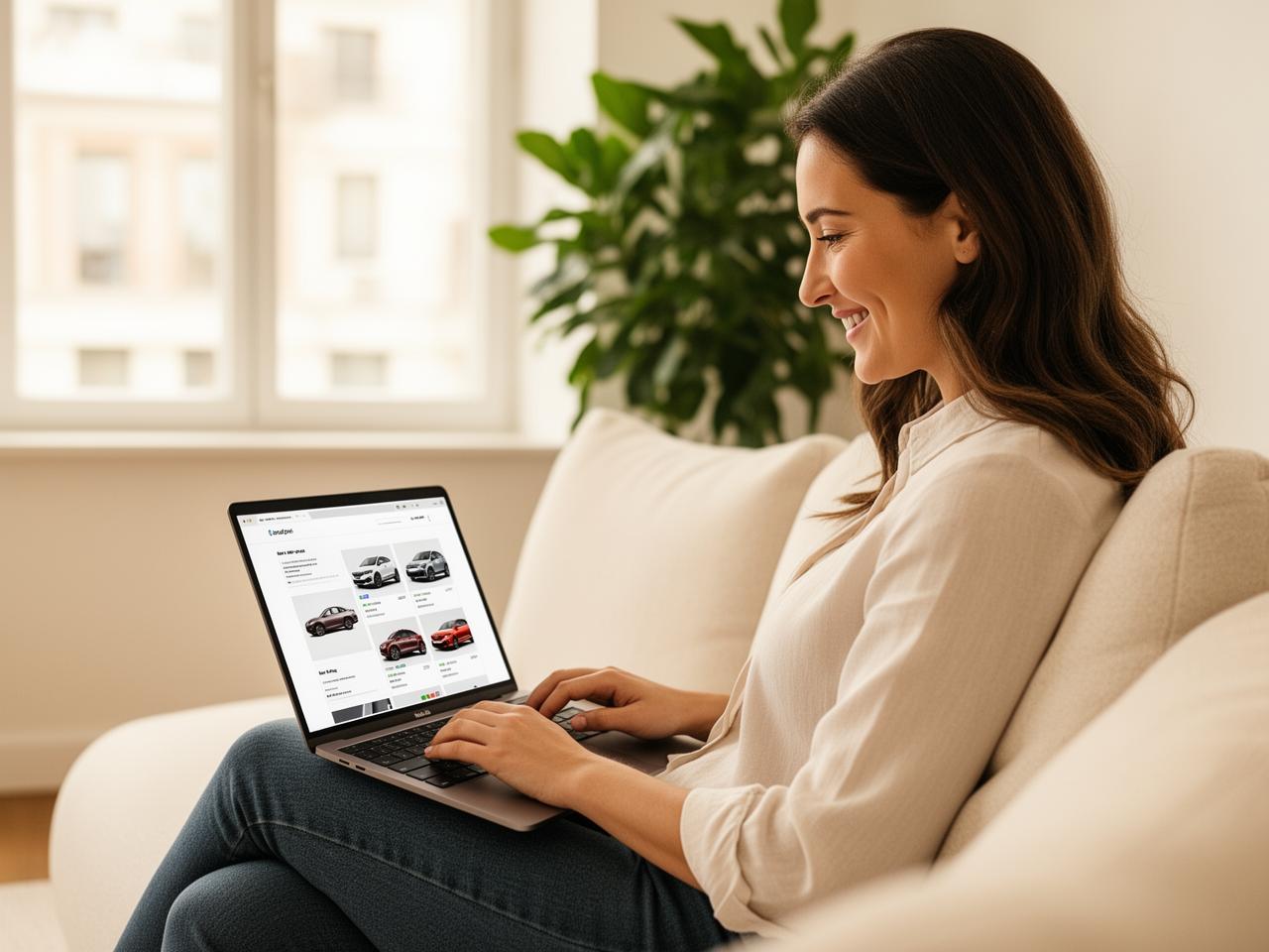 Persona eligiendo coche desde el sofá con laptop