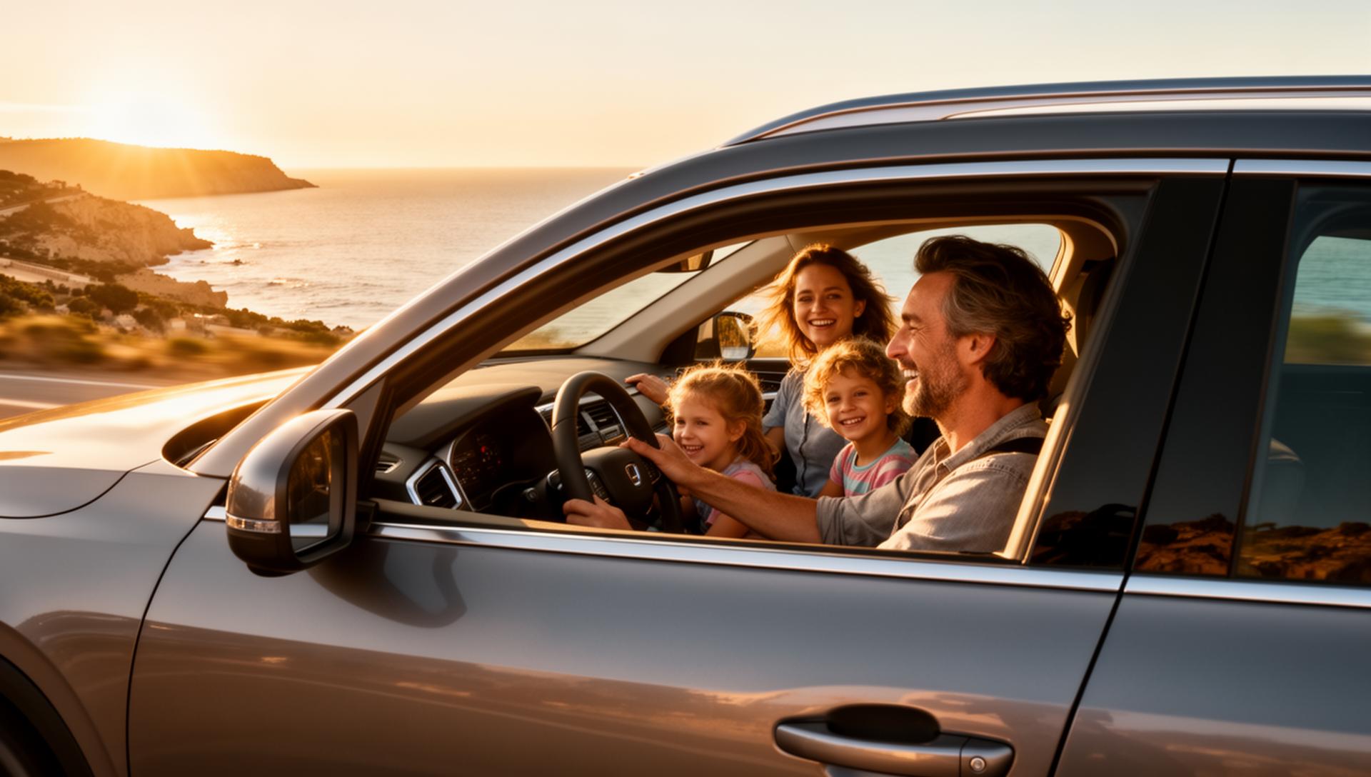 Familia disfrutando de road trip en coche
